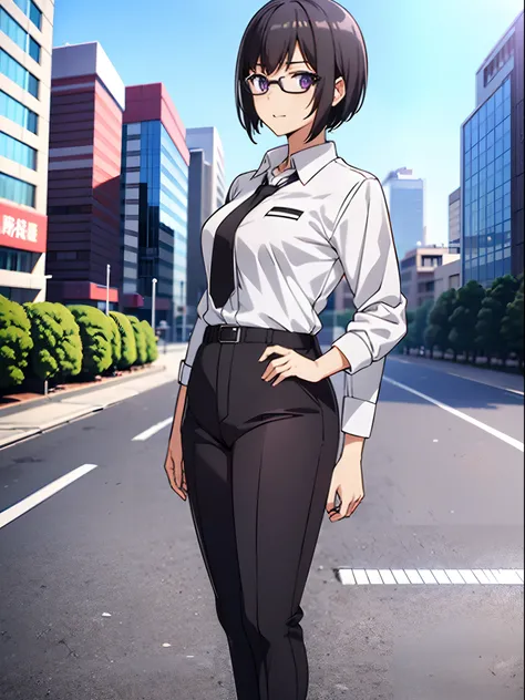 1girl, solo, short hair, jet black hair, purple eyes, (full body), standing, bangs, japanese police uniform, glasses, tokyo city backdrop, (white shirt), (black pants, tie), matching shoes, medium breasts, 20 age, badge