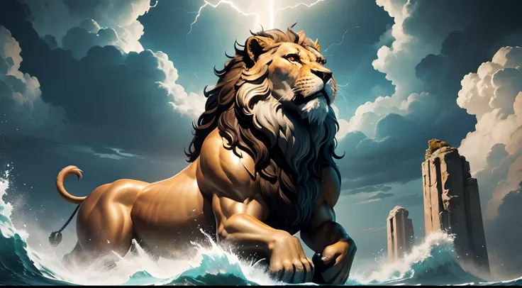 In this dramatic scene, the Nemean Lion commands the foreground, a majestic and colossal beast with golden fur and intense, glowing eyes, poised for action. Set against a stormy sky, Greek mythologys Titans loom in the background, each bearing unique chara...