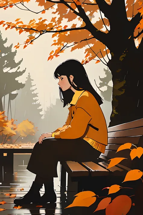 girl sitting on an old bench in a forest, season fall, yellow orange and red leafes falling from the trees, alone, raining weather, cloudy weather, heavy rain, moody color, profile of the girl, black hair, panoramic view