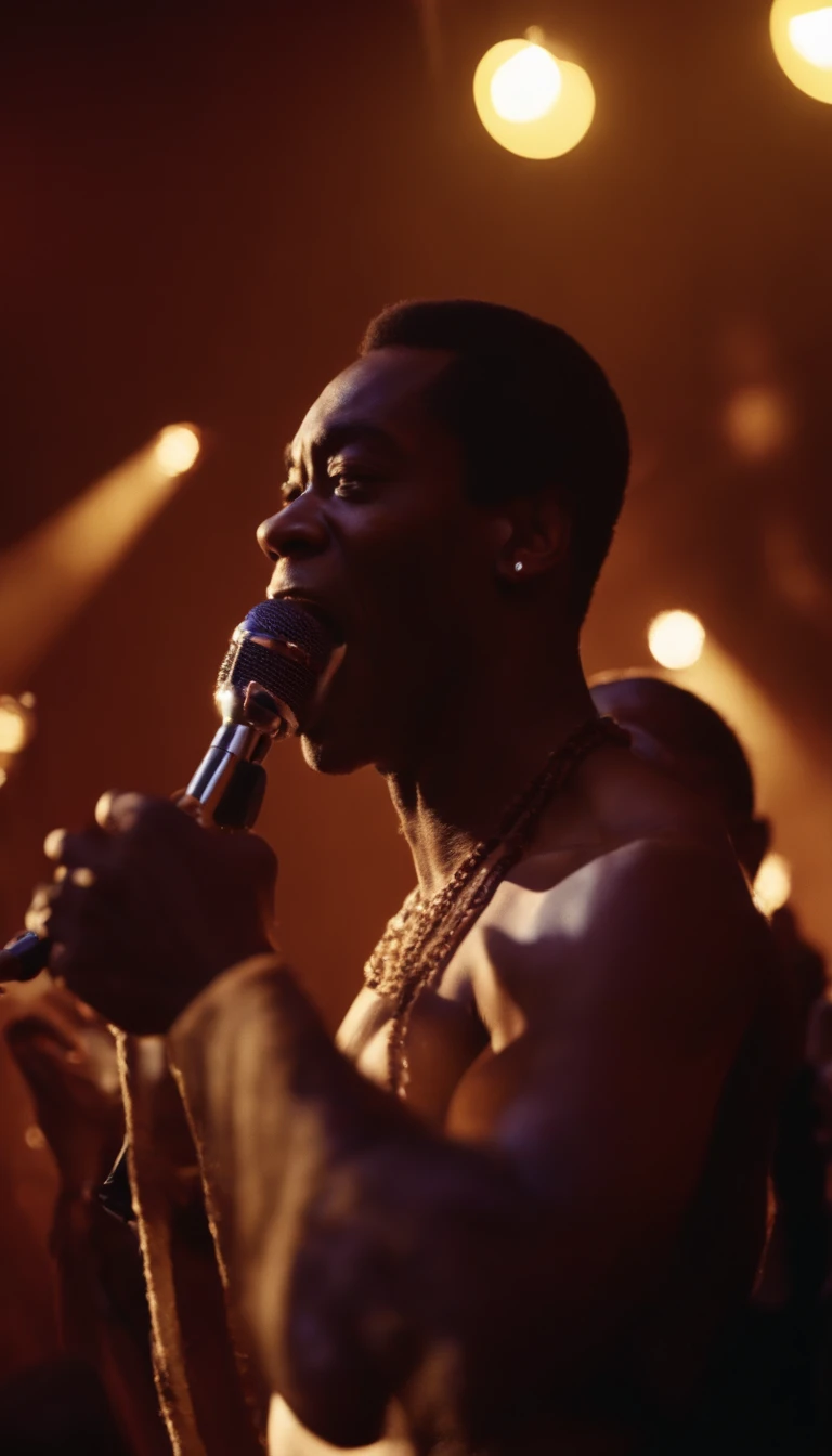 Fela holding a mic on stage, singing passionately,  bare chested, ladies dancing in the background