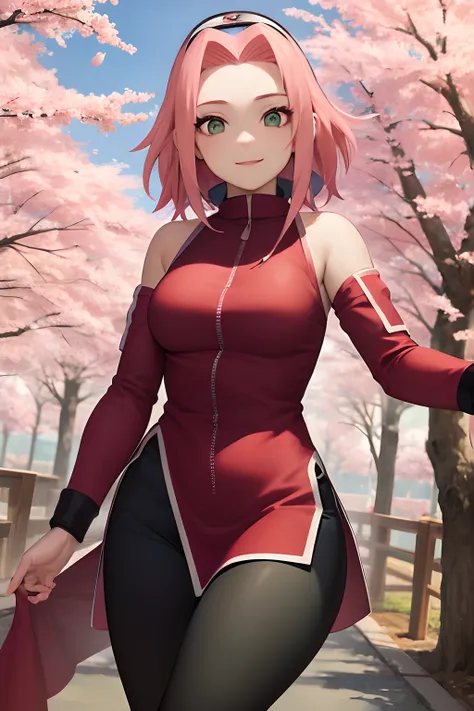 tmasterpiece， best quality at best， 1girll， sakura haruno， medium breasts, smile，with pink hair， long whitr hair， （green eyeball...