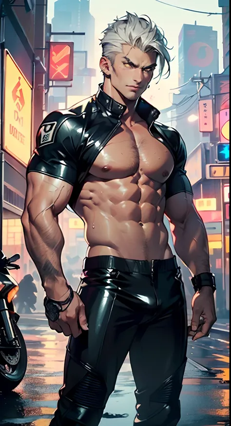 muscular man,(((1man))),((man muscular)),

(((1male,man:1.5,handsome man,male,male gender:1.5,male focus))),

((short white hair)),(((lustrous skin:1.5,tanned skin,bright skin: 1.5,skin tanned,shiny skin,very shiny skin,shiny body,illuminated skin))),(((ye...