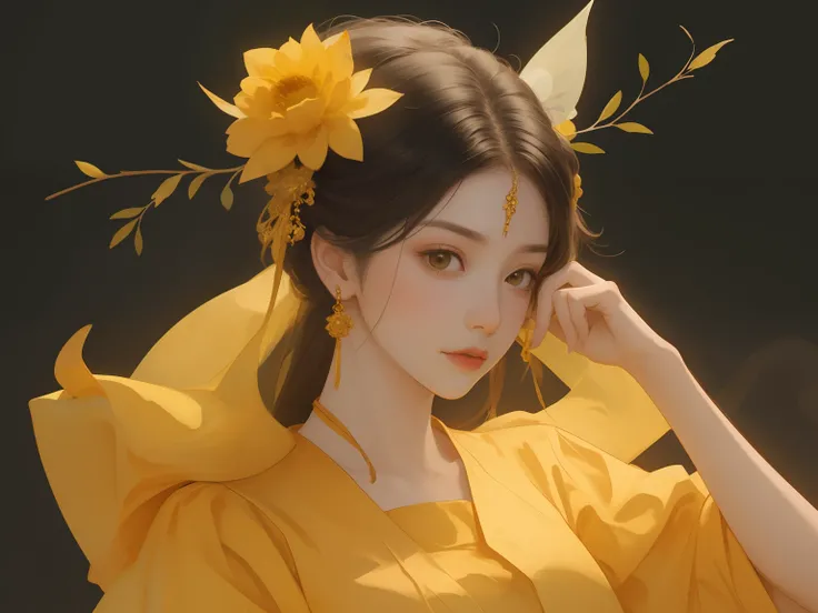 Best quality、tmasterpiece、A high resolution、1 flat-chested girl、HD photo of upper body、Yellow porcelain soft satin dress、dress in yellow，yellow robes，Delicate hair accessories、Fine Necklace、detailed jewellery、pretty  face、Physically、Flat and thin body，smal...