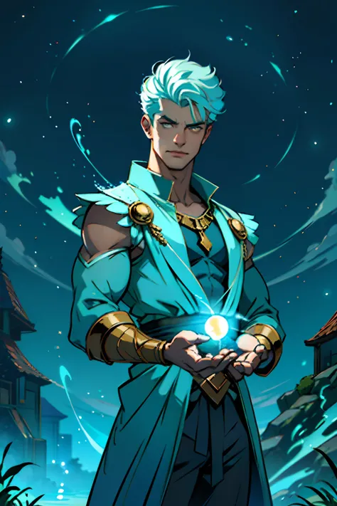 A man who is a magical Jinni, holding out a glowing orb, with lighting bolts from his fingers, background is a springtime garden, daytime light, mood is operative, resolute, propitious, intelligent, character design.