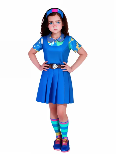 14 year old girl with Brown hair and blue eyes wearing a royal blue flared dress with thick straps and round collars, a shirt with a splash print (pink, yellow, red, water green) and short sleeves in a baby look style, a belt with a splash print (pink, yel...