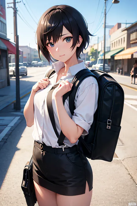 superfine illustration, Extremely detailed, 1girll, Flat background, Full body, Standing, very detailed face and eyes、Anime girl on the street of the city with backpack and backpack, Shinkai Makoto style, By Shinkai Makoto. a digital rendering, makoto shin...