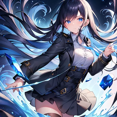 (best quality, masterpiece),(1girl, trench coat,expression face, blue eyes, looking at viewer, black hair, closed mouth, dress shirt, black skirt, hand at viewer), (less blue light, swrling many blue glass pieces behind, floating objects, night sky)