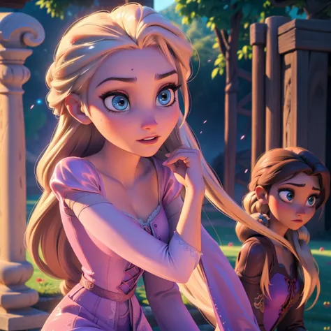 elsa-rapunzel fusion, mesclando modelos, roupas da rapunzel, melting, 1girl, beautiful, character, woman, female, (master part:1...