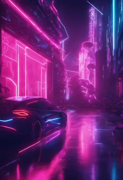 A futuristic street with Halloween decoration, cores neon, estilo cyberpunk, 8k