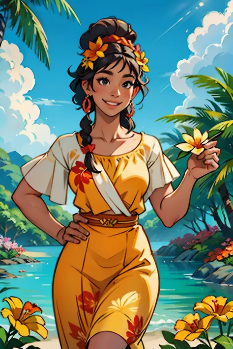 A woman who is a beautiful smiling, native Hawaiian hula woman, holding a flower to her nose, background is a tropical garden, mood is delicate, sensitive, loving, happy, daytime light, character design.