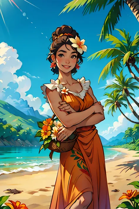 A woman who is a beautiful smiling, native Hawaiian hula woman, holding a flower to her nose, background is a tropical garden, mood is delicate, sensitive, loving, happy, daytime light, character design.