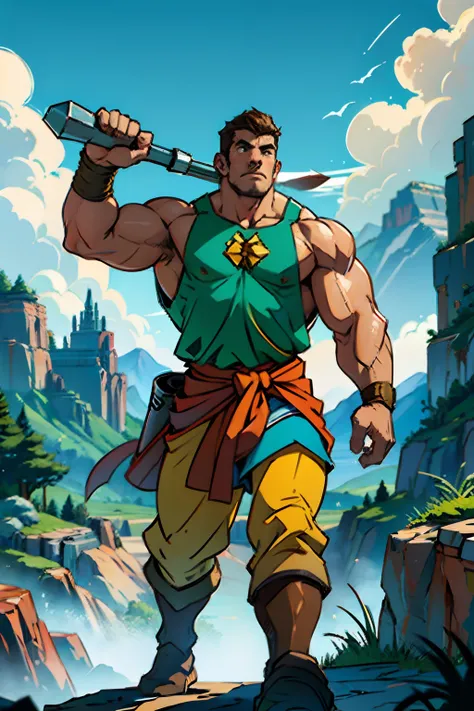 A man who is a heroic muscular man, holding up a large hammer, background is a brick wall, with distant mountains, mood is strength, enterprise, bravery, power, daytime light, character design.