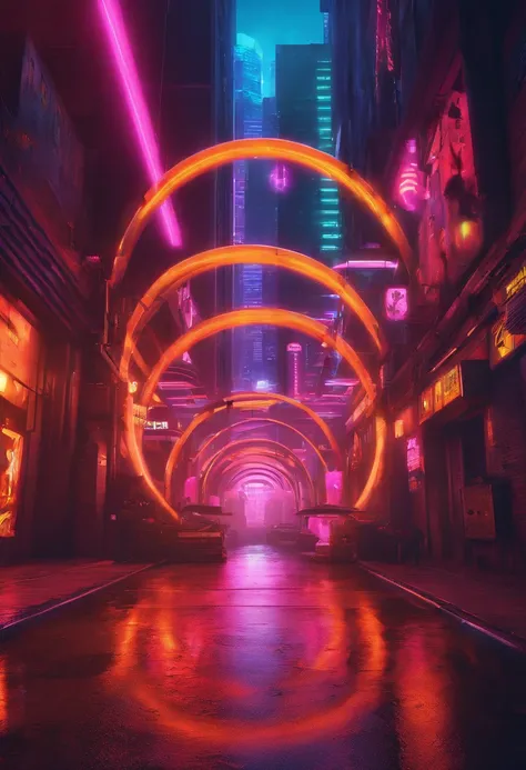 A futuristic street with Halloween decoration, a circle in the middle like a portal, cores neon, estilo cyberpunk, 8k