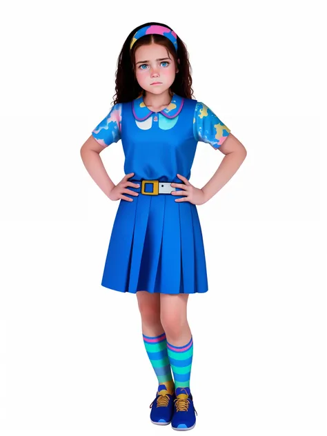 14 year old girl with Brown hair and blue eyes wearing a royal blue flared dress with thick straps and round collars, a shirt with a splash print (pink, yellow, red, water green) and short sleeves in a baby look style, a belt with a splash print (pink, yel...