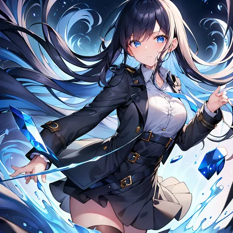 (best quality, masterpiece),(1girl, trench coat,expression face, blue eyes, looking at viewer, black hair, closed mouth, dress shirt, black skirt, hand at viewer), (less blue light, swrling many blue glass pieces behind, floating objects, night sky)