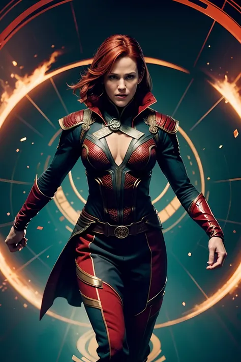 Jennifer Garner as Dr. strange, defined muscles, red hair, athletic build, tight costume, highly detailed