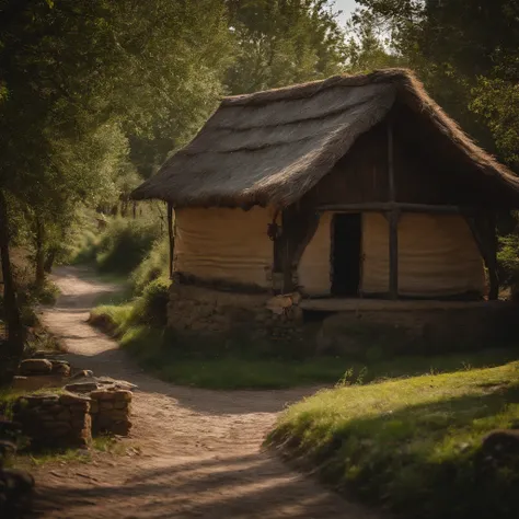 ((masterpiece)), (top quality), (best quality), A medieval village, huts with stone walls and thatched roofs, a dirt path, exotic trees, people tending to wear long robes and tunics, atmospheric, medieval, cinematic, real photo