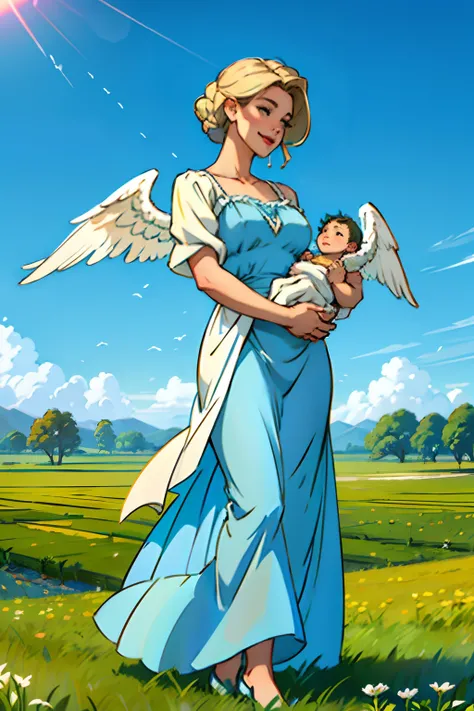 A woman with white angel wings, in a long blue dress, holding a happy baby, background is a farmer’s field, mood is progressive, appreciative, nurturing, nourishing, daytime light, character design.