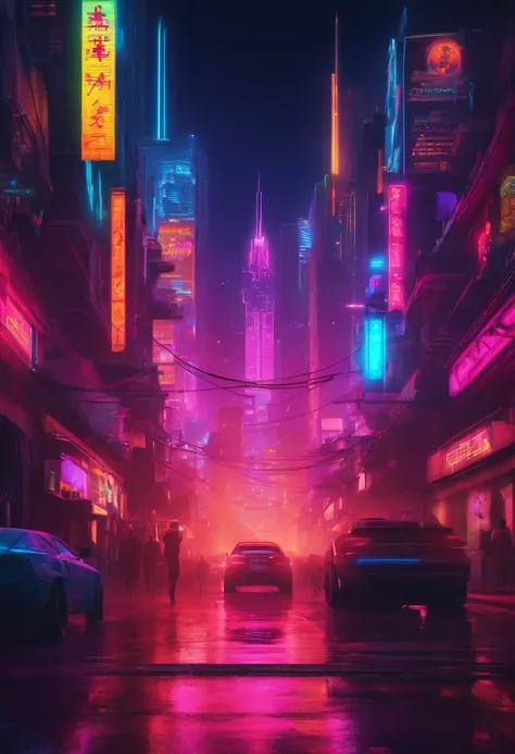 uma rua futurista no halloween, cores neon, estilo cyberpunk, 8k