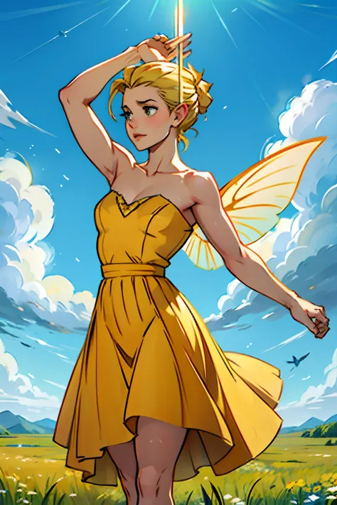 A woman who is a ballet dancer, wearing a yellow pleated dress and fairy wings, sprinkling fairy dust, background is an open field with clear skies and clouds, mood is enthusiasm, radiation, liberation, daytime light, character design.