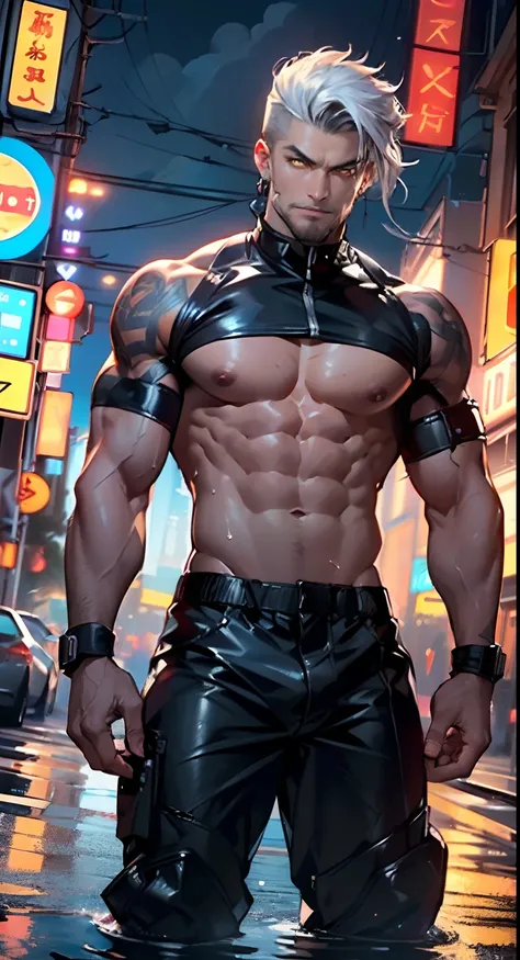 muscular man,(((1man))),((man muscular)),

(((1male,man:1.5,handsome man,male,male gender:1.5,male focus))),

((short white hair)),(((lustrous skin:1.5,tanned skin,bright skin: 1.5,skin tanned,shiny skin,very shiny skin,shiny body,illuminated skin))),(((ye...