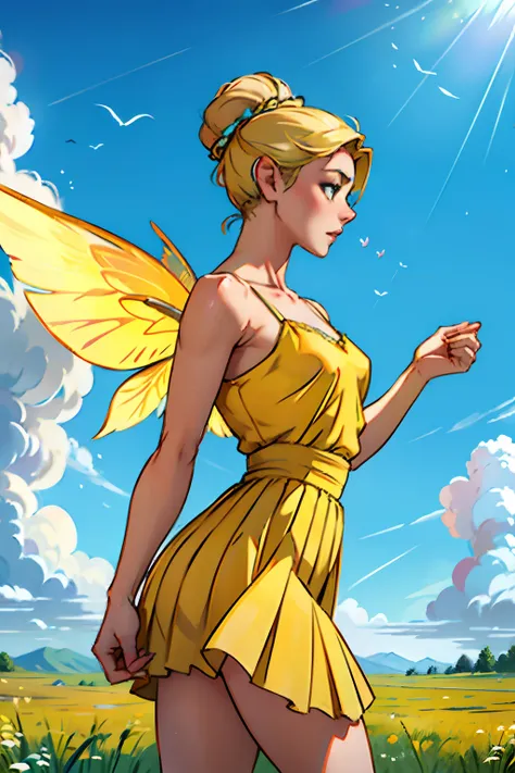 A woman who is a ballet dancer, wearing a yellow pleated dress and fairy wings, sprinkling fairy dust, background is an open field with clear skies and clouds, mood is enthusiasm, radiation, liberation, daytime light, character design.