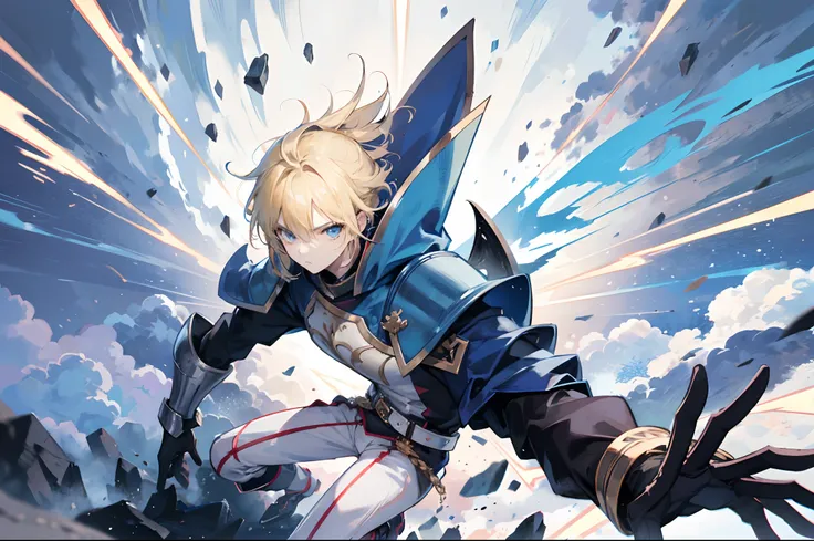 anime - style image of a blonde short haired male in armor with a sword raised mid air pointing its tip towards the sky, overflowing with energy, human male, cloudy sky, masculine facial features, blue armor, handsome guy in demon slayer art