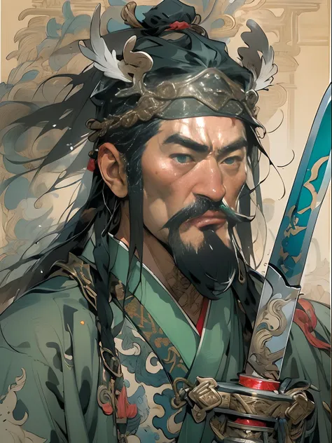 (((China-style，Ink painting method，Half-length portrait，Intense color，Han dynasty, China，Hanfu，Armor，Guan yu，Guan Yunchang，of a guy，Ruddy killing square face，Hold the Blue Dragon Moon Knife in his right hand，Stroke your beard with your left hand，Long hair，...