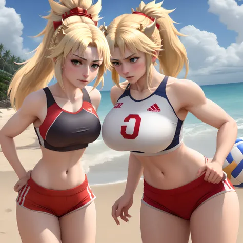 Mordred, bowsette, large breasts, ponytail hair, blonde hair, beach, volleyball uniform, shy, blush, white lycra sports bra, lycra micro shorts,