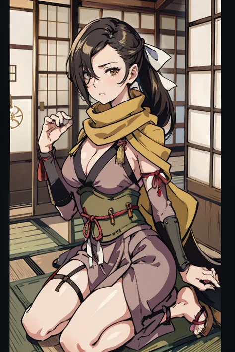 masterpiece, best quality, kagero, hair over one eye, hair ribbon, yellow scarf, nude, cleavage, sash, sandals, wariza, neutral expression, paper doors, japanese architecture