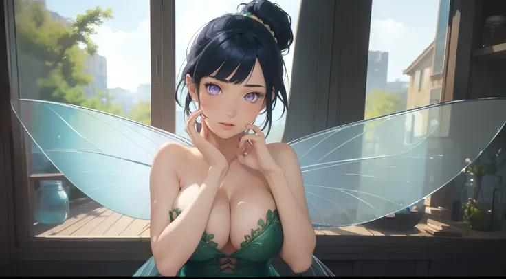 (TinkerWaifu:1), cute, cute pose, looking at viewer, thick thighs, single hair bun, short hair, (strapless green dress:1), (fairy wings), sitting, (breast focus:1.2), from above, 
(realistic:1.2), (realism), (masterpiece:1.2), (best quality), (ultra detail...