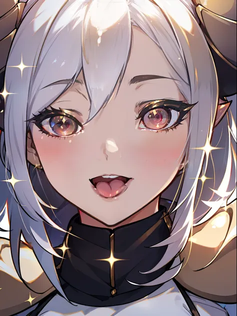 1girl,solo,happy,open mouth,light golden short dress,medium tits,white hair,(zesshi hair style),((sparkling glowing hard red eyes)),elves ears,golden horns,white pantyhose,gold tiara,Detailed,(long cape),(((close-up,portrait))),hd,masterpiece,8k,