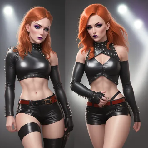 Becky Lynch wearing black leather, one sleeve top, purple makeup, wearing spikes