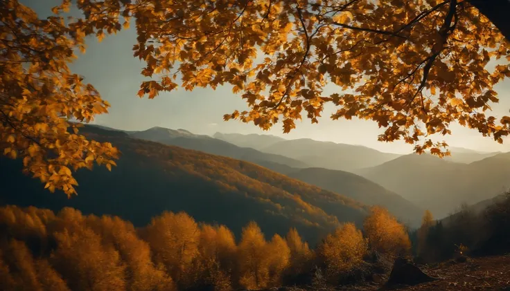 Autumn leaves all over the mountains,late autumn,dark sky