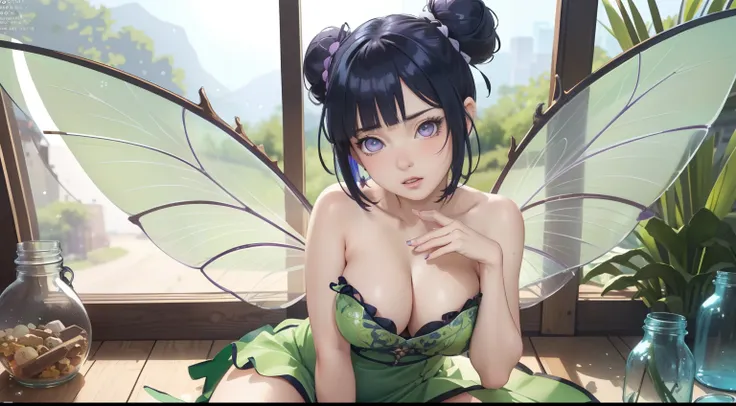 (TinkerWaifu:1), cute, cute pose, looking at viewer, thick thighs, single hair bun, short hair, (strapless green dress:1), (fairy wings), sitting, (breast focus:1.2), from above, 
(realistic:1.2), (realism), (masterpiece:1.2), (best quality), (ultra detail...