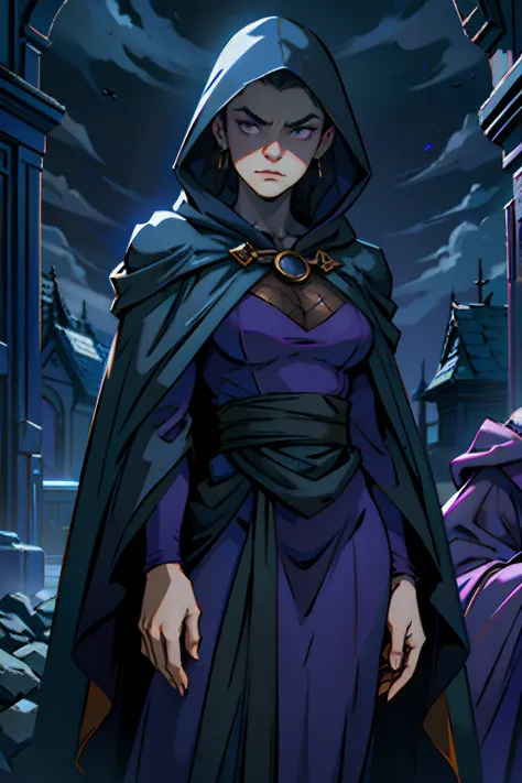 A woman who is a dark and mysterious woman, serious looking, dressed in a dark purple robe with a hood, and a spider web cape, background is dark storm clouds, mood is apprehensive, frustrating, ambiguous, inscrutable, eerie night time light, character des...