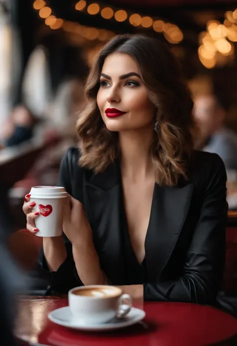 2010s fashion, medium close up, canon ef 85mm f/1.2l ii usm, a woman is sitting with her coffee in a restaurant, wearing a black jacket and red lips, emphasis on facial expression, street fashion.