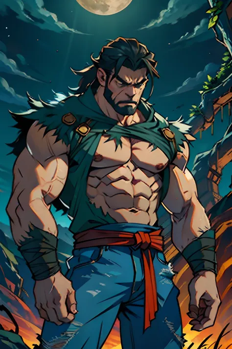 A man who is an angry savage beast, ape-like, wearing torn clothes, snarling and clawing, background is thorny vines, dark cloudy sky, mood is harsh, malicious, night time light, character design.