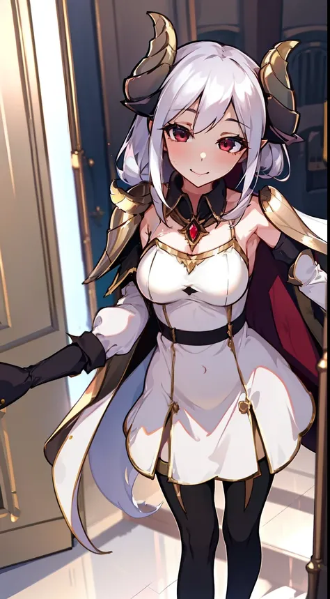 1girl,solo,happy,light golden short dress,medium tits,white hair,(zesshi hair style),red eyes,elves ears,golden horns,white pantyhose,gold tiara,Detailed,(long cape),(((standing in front of a room inside a castle))),hd,masterpiece,8k