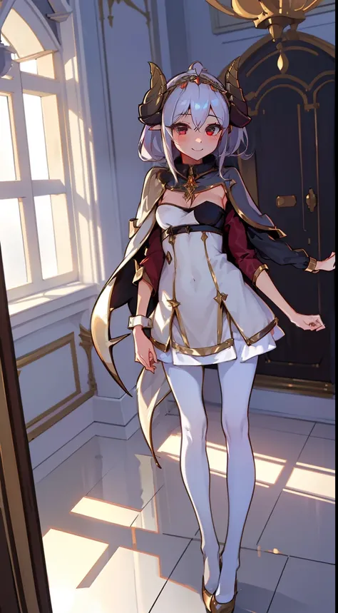 1girl,solo,happy,light golden short dress,medium tits,white hair,(zesshi hair style),red eyes,elves ears,golden horns,white pantyhose,gold tiara,Detailed,(long cape),(((standing in front of a room inside a castle))),hd,masterpiece,8k