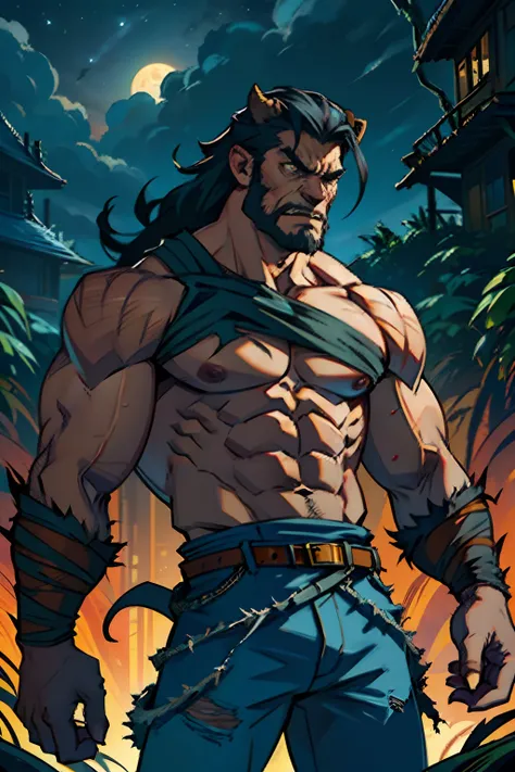 A man who is an angry savage beast, ape-like, wearing torn clothes, snarling and clawing, background is thorny vines, dark cloudy sky, mood is harsh, malicious, night time light, character design.