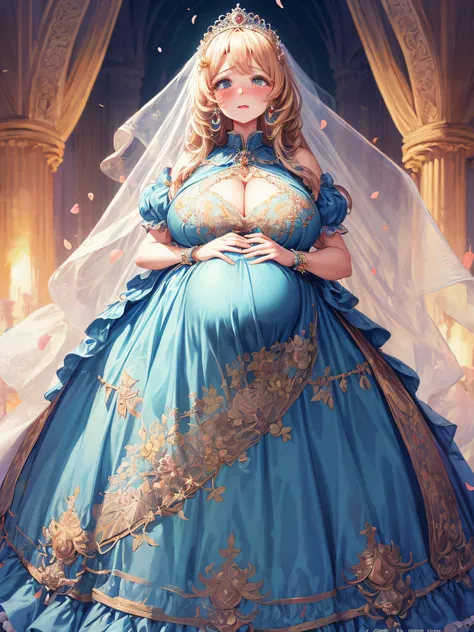 (masterpiece, best quality,extremely detailed:1.1),(moe anime art style:1.2),1girl,((full body,focus face)),((solo)), cute, kawaii,digital art,((1 bling-bling pregnant princess wearing beautiful embroidery and jeweled gorgeous princess rococo ballgown with...