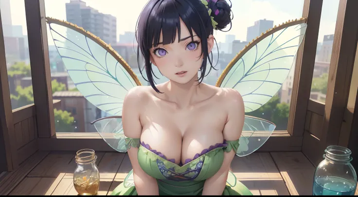 (TinkerWaifu:1), cute, cute pose, looking at viewer, thick thighs, single hair bun, short hair, (strapless green dress:1), (fairy wings), sitting, (breast focus:1.2), from above, 
(realistic:1.2), (realism), (masterpiece:1.2), (best quality), (ultra detail...