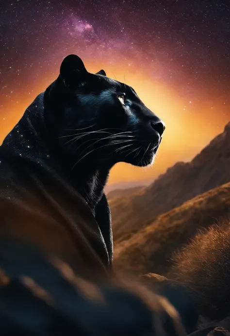 A Wakandan Panther Hero is in a sea of stars, their cloak rippling in the wind as they gaze up at the night sky.