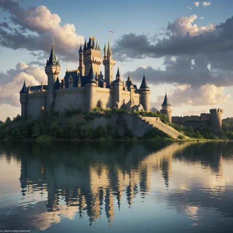 Arafed Castle with a clock tower sitting on a lake, Castelo bonito, beautiful render of a fairytale, Castelo da Fantasia, magic castle, epic castle with tall spires, Fantasy Style 8k Octane Rendering, pintura fosca de alta qualidade, Disney fotorrealista, ...