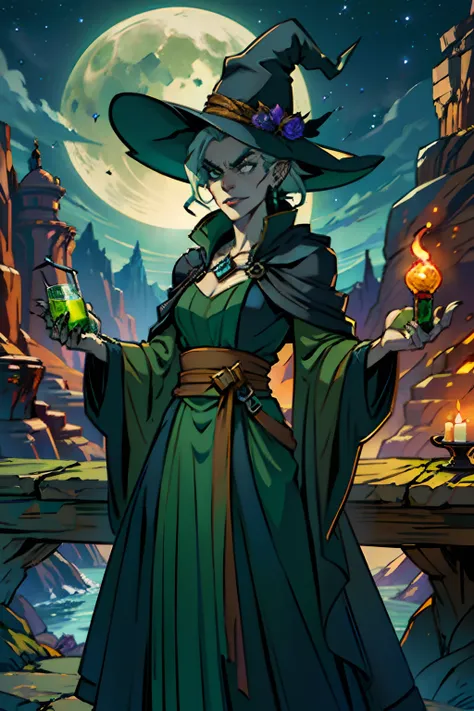 A woman who is an ugly old green witch, with dark robe and pointy hat, evil and angry looking, standing behind a table, mixing a deadly potion, background is a canyon with dark night sky, mood is fractious, recalcitrant, aggravating, agitating, night time ...