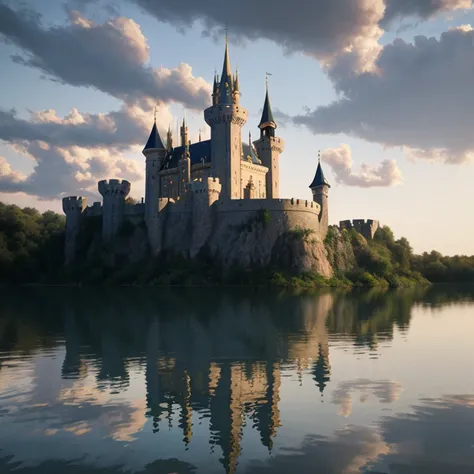 Arafed Castle with a clock tower sitting on a lake, Castelo bonito, beautiful render of a fairytale, Castelo da Fantasia, magic castle, epic castle with tall spires, Fantasy Style 8k Octane Rendering, pintura fosca de alta qualidade, Disney fotorrealista, ...