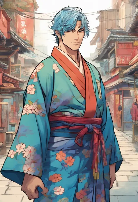 Man in Yukata　frontage　full bodyesbian　Standing　frontage　blue hairs