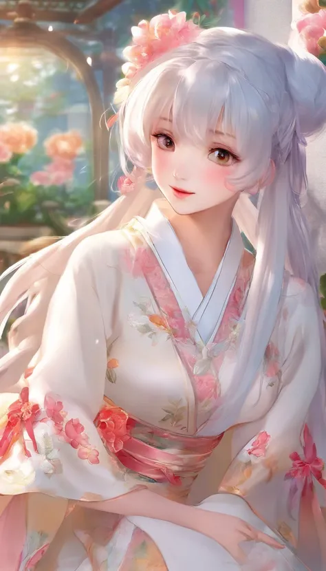 long layered silvery white hair，High ponytail，Delicate and bright hair color，Delicate and perfect face，The corners of the eyes are slightly red，ssmile，upturned corners of the mouth，Peony pattern cheongsam design，Raised skirt，Delicate long legs，The skin tex...