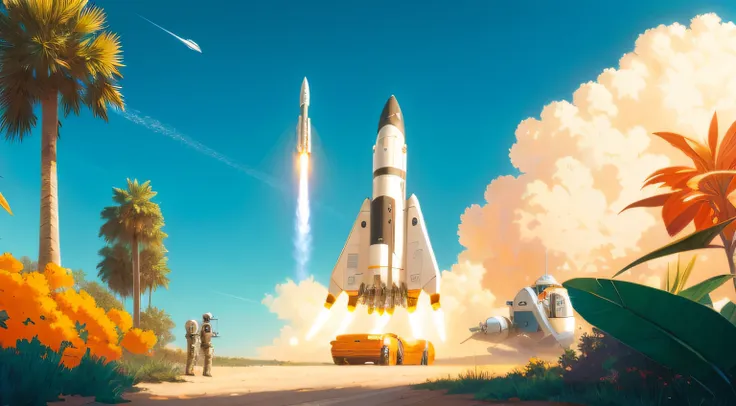 Spacecraft launch with rocket and people on the way in tropical area, rocket launching into the sky, rocket launch, segurando um foguete, inspirado em Scott Listfield, Directed by: Mike Winkelmann, Pouso de naves espaciais, Directed by: Scott Listfield, in...